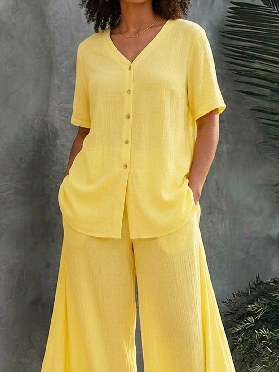 Women's Casual Stylish V-Collar Top And Pants Cotton And Linen Two-piece Set