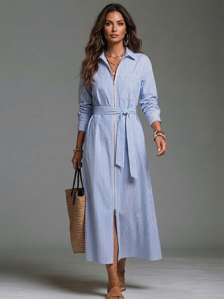 Casual Striped Linen-cotton Zip-front Dress