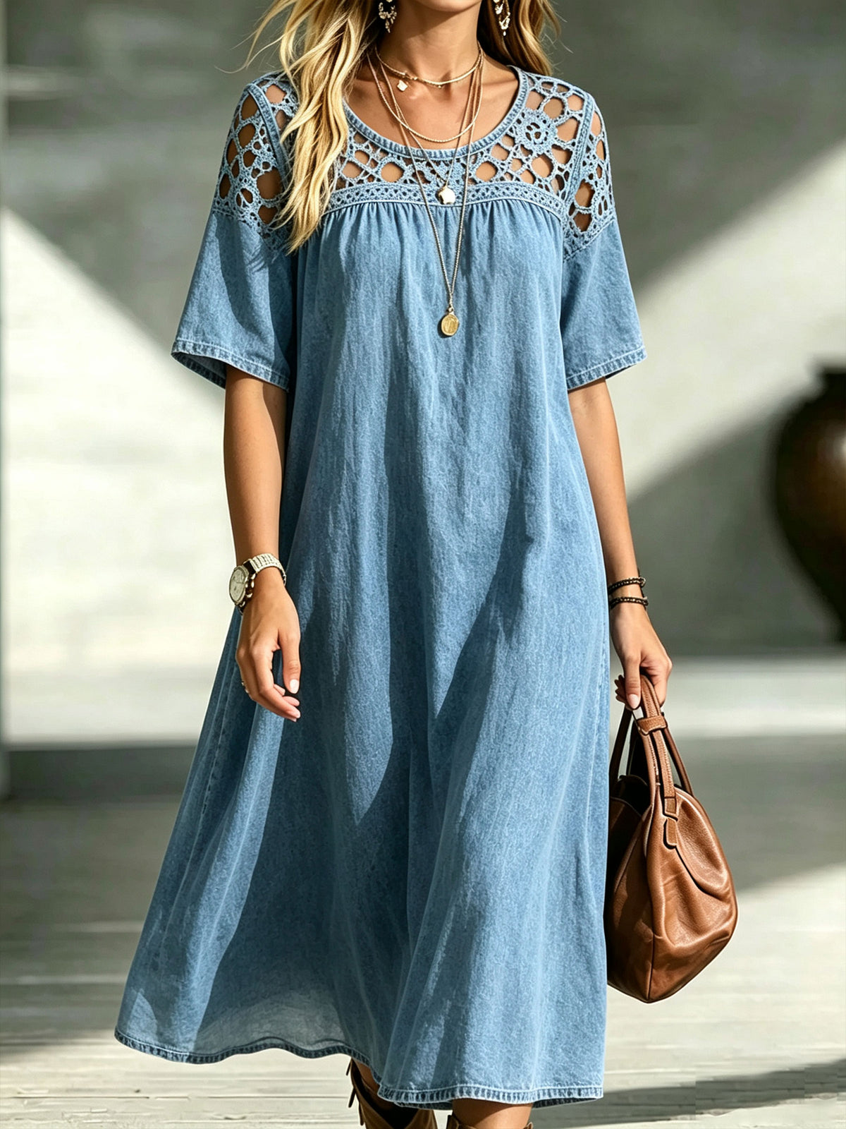 Women’s Hollow Crochet Panel Short Sleeve Loose Denim Midi Dress