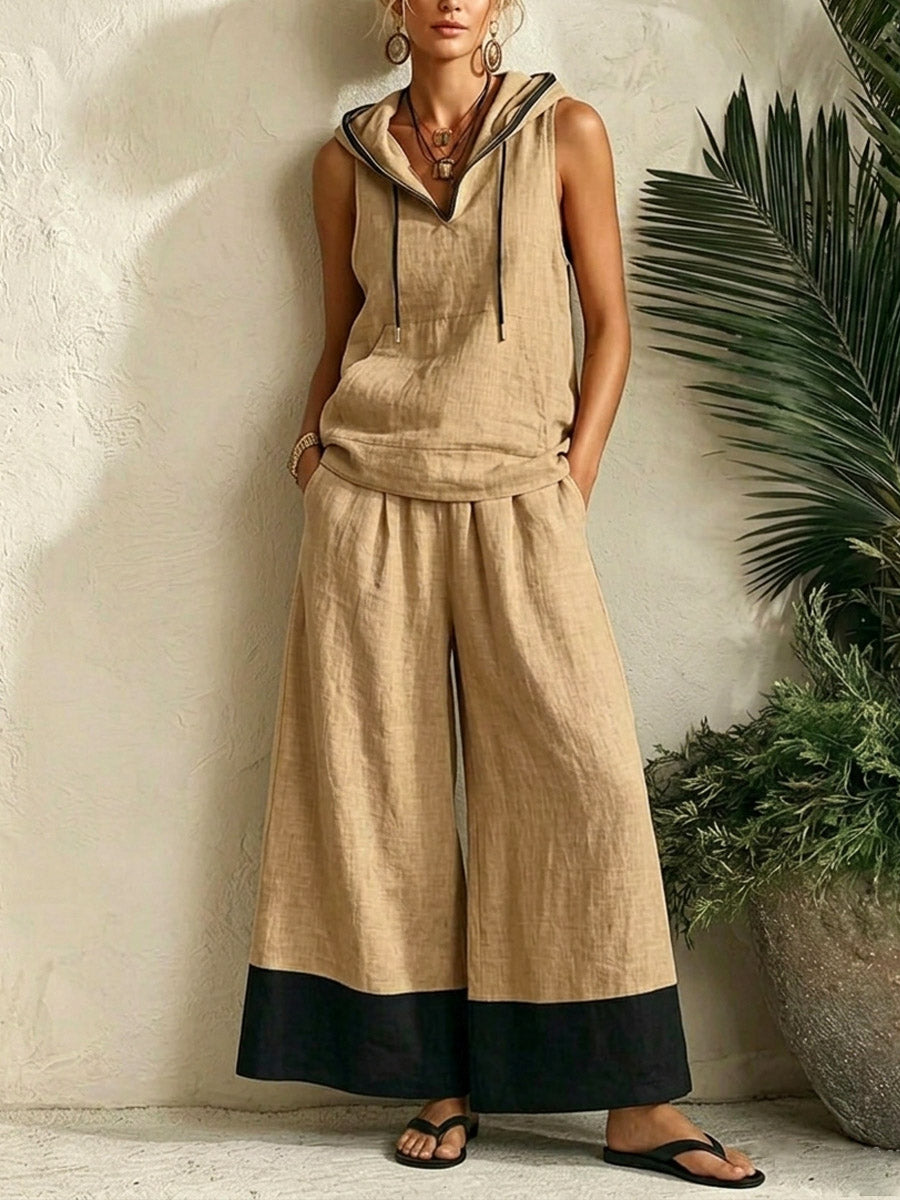 Women's Hooded Casual Sleeveless Top And Pants Cotton And Linen Two-piece Set