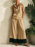 Women's Hooded Casual Sleeveless Top And Pants Cotton And Linen Two-piece Set