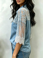 Women's Floral Lace Patchwork 3/4 Sleeve Collar Denim Shirt