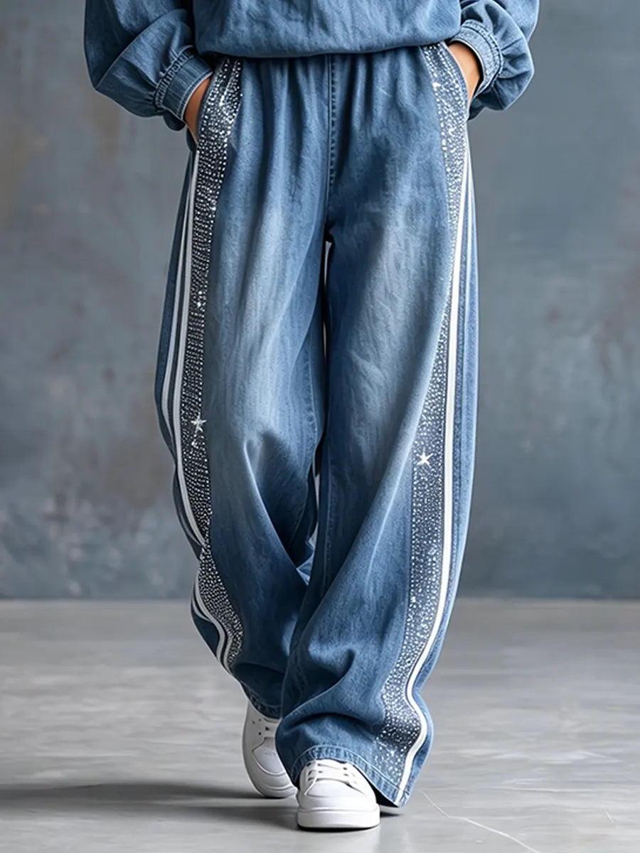 Cozy Shiny Hot Drill Denim-style Wide-leg Track Pants