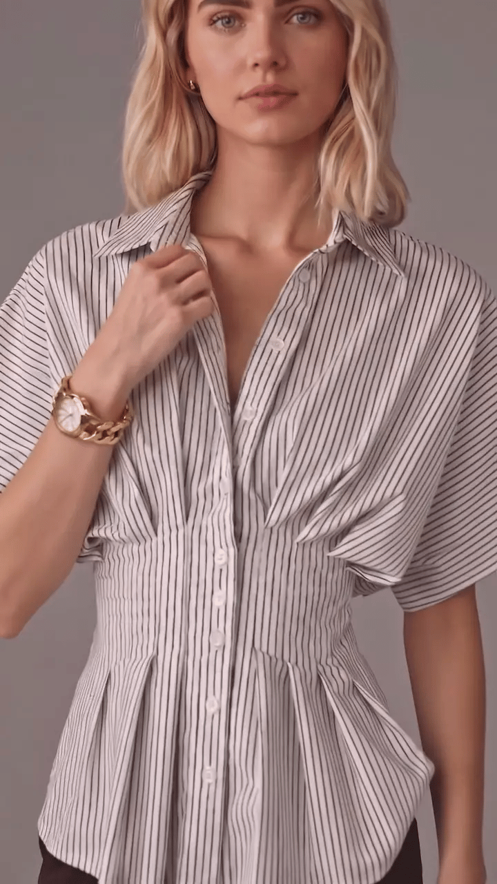 Women's Casual Versatile Striped Pleated Waist Slimming Top