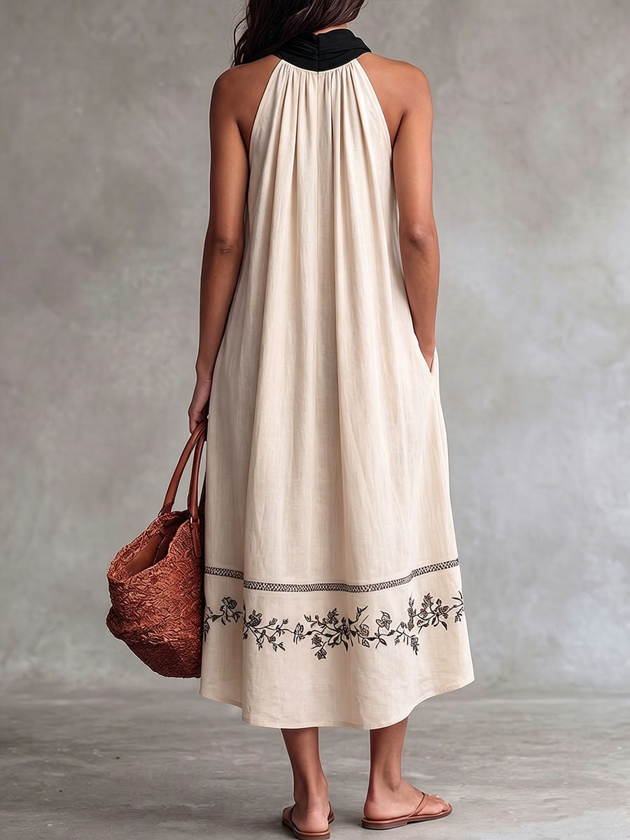Women's Casual Loose Linen Sleeveless Dress With Placement Print And Slouchy Collar