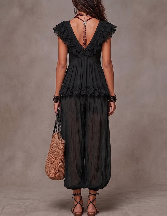 Women's Bohemian Style Lace Top And Harem Pants Set