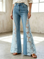 Women's Solid Floral Lace Spliced Denim Flare Pants