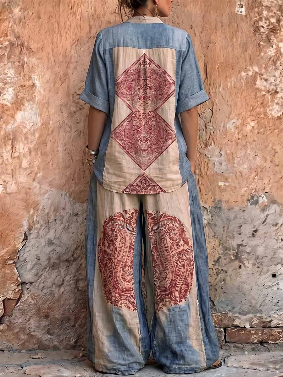 Women's Vintage Placement-print Cotton-linen Set: Short-sleeve Stand-collar Loose Casual Top & High-waisted Wide-leg Pants