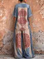 Women's Vintage Placement-print Cotton-linen Set: Short-sleeve Stand-collar Loose Casual Top & High-waisted Wide-leg Pants