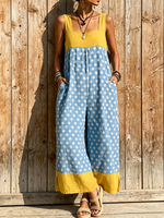 Retro-vacation Style Cotton-linen Wide-leg Jumpsuit Featuring Color-blocked Polka-dot Paneling, A Square Neckline, Sleeveless Design, And Side Slits