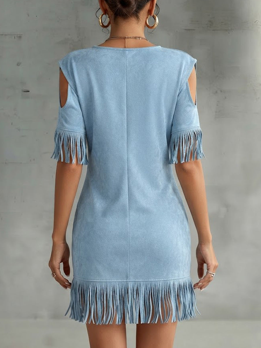V-neck, Off-shoulder, Short-sleeve, Loose-fit Midi Dress In Faux Suede With Fringe Detailing—perfect For A Vacation Look