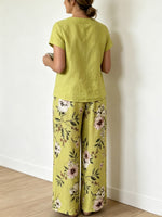Women's Casual Short Sleeve Top And Floral Pants Cotton And Linen Two-piece Set