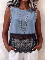 Vintage Art Comfortable Summer Fabrics Denim Patchwork Lace Sleeveless Shirt