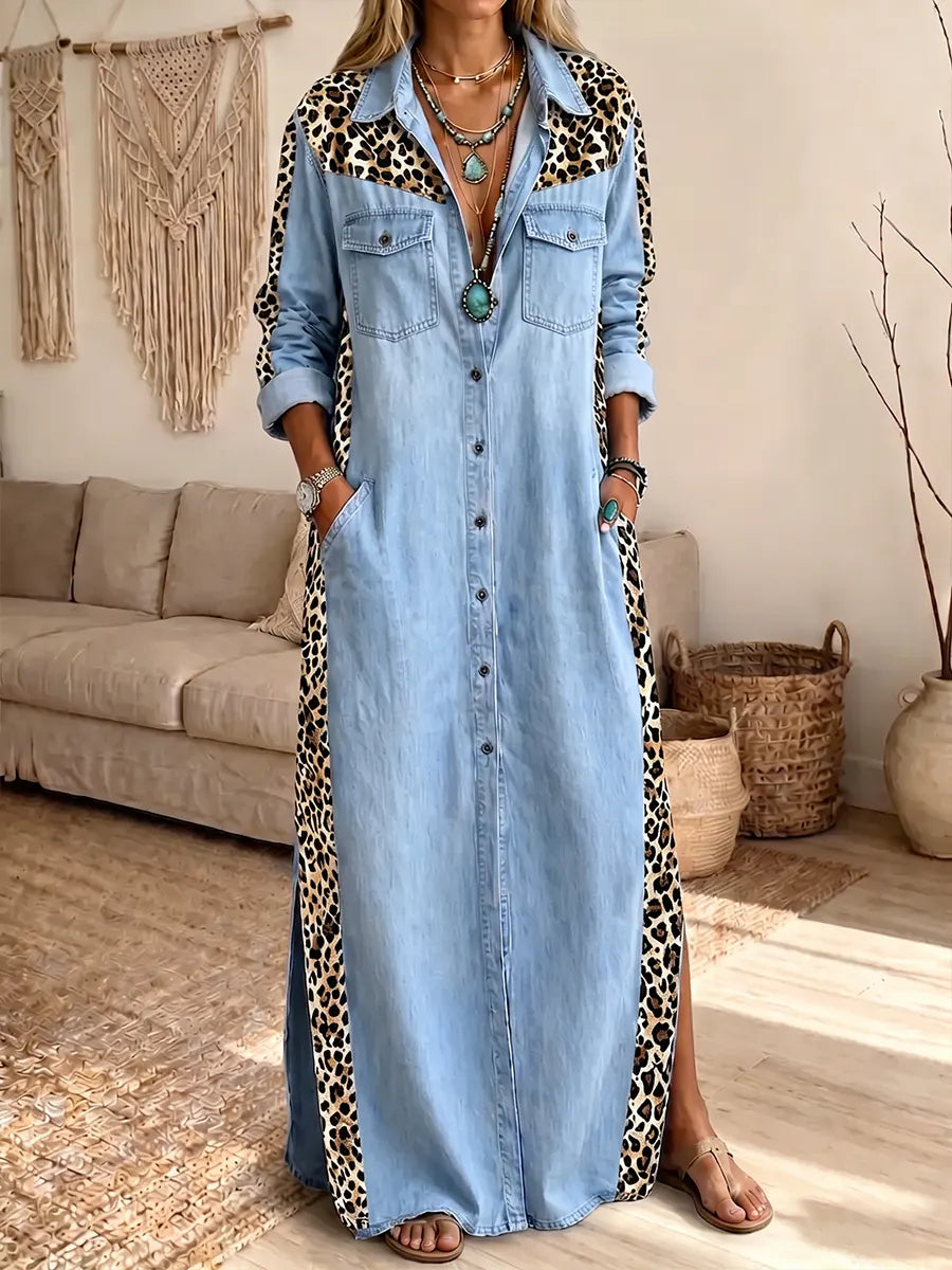 Chic Leopard Paneled Button-Down Denim Maxi Dress