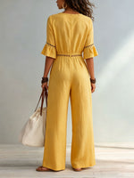 Womens Eyelet Cutout V-neck Ruffle Sleeve Cotton Linen Wide Leg Jumpsuit