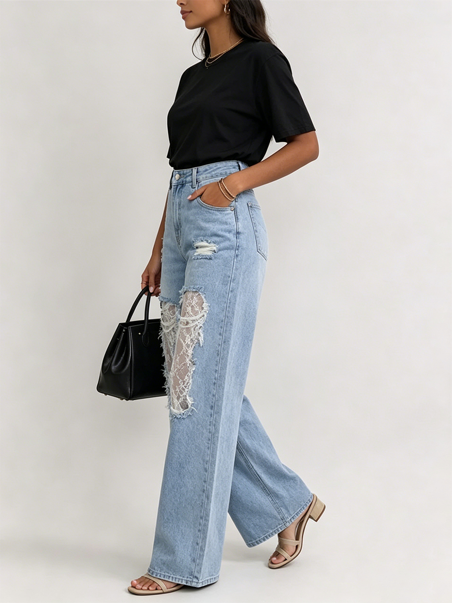 Light Blue Washed High Waist Ripped Frayed Lace Patch Wide Leg Denim Pants