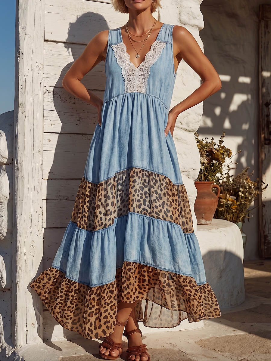 Vintage Art Comfortable Summer Fabrics Denim Patchwork Chiffon Dress