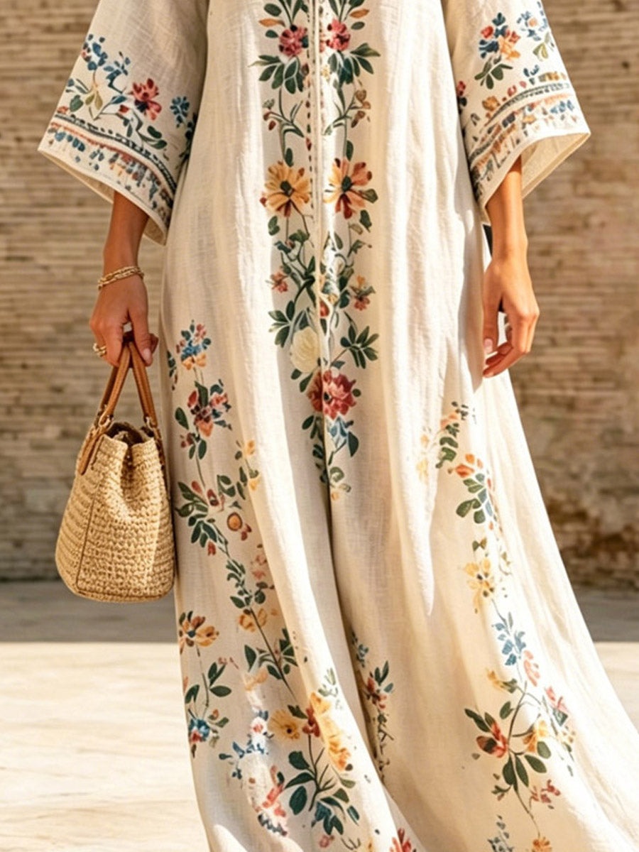 Women's Ethnic Floral Art Casual Stylish V-collar 3/4 Sleeve Cotton Linen Maxi Dress