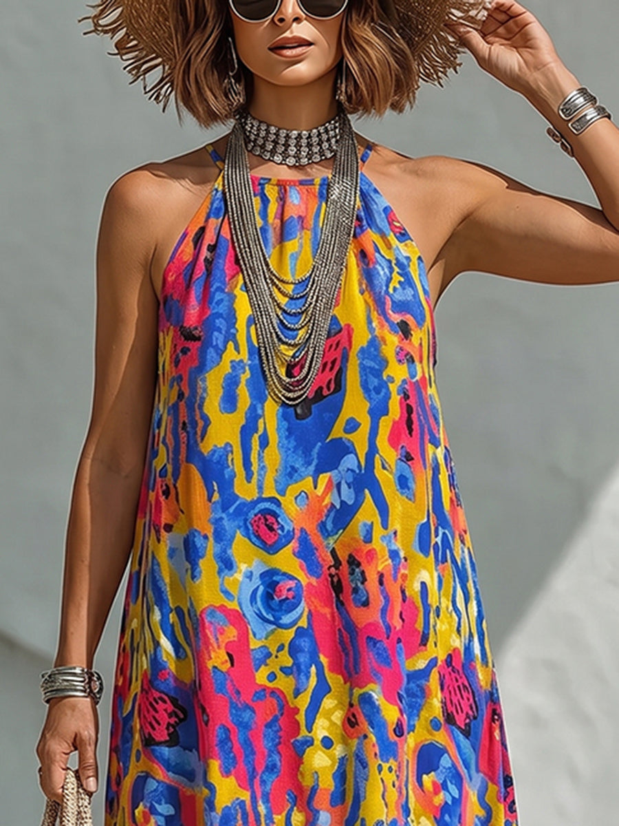 Abstract Watercolor Print Halter Dress