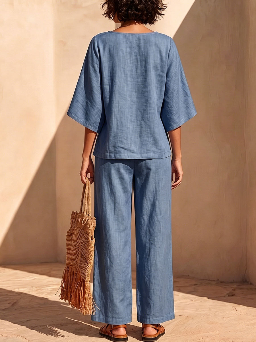 Women's Casual Loose Denim Set: Round-neck 3/4 Sleeve Top And High-waisted Wide-leg Pants