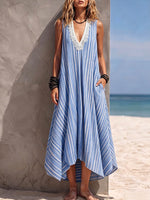 Women's Striped Print V-neck Sleeveless Casual Loose Cotton-linen Dress With Lace Paneling