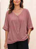 Laid-back Resort Solid V-neck Wooden Button Irregular Cross Hem Linen Shirt