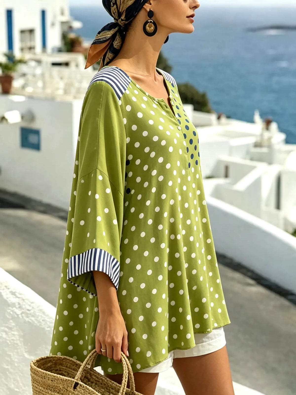 Women Two-tone Polka Dot Contrast Stripe Patchwork Crew Neck 3/4 Sleeve Blouse