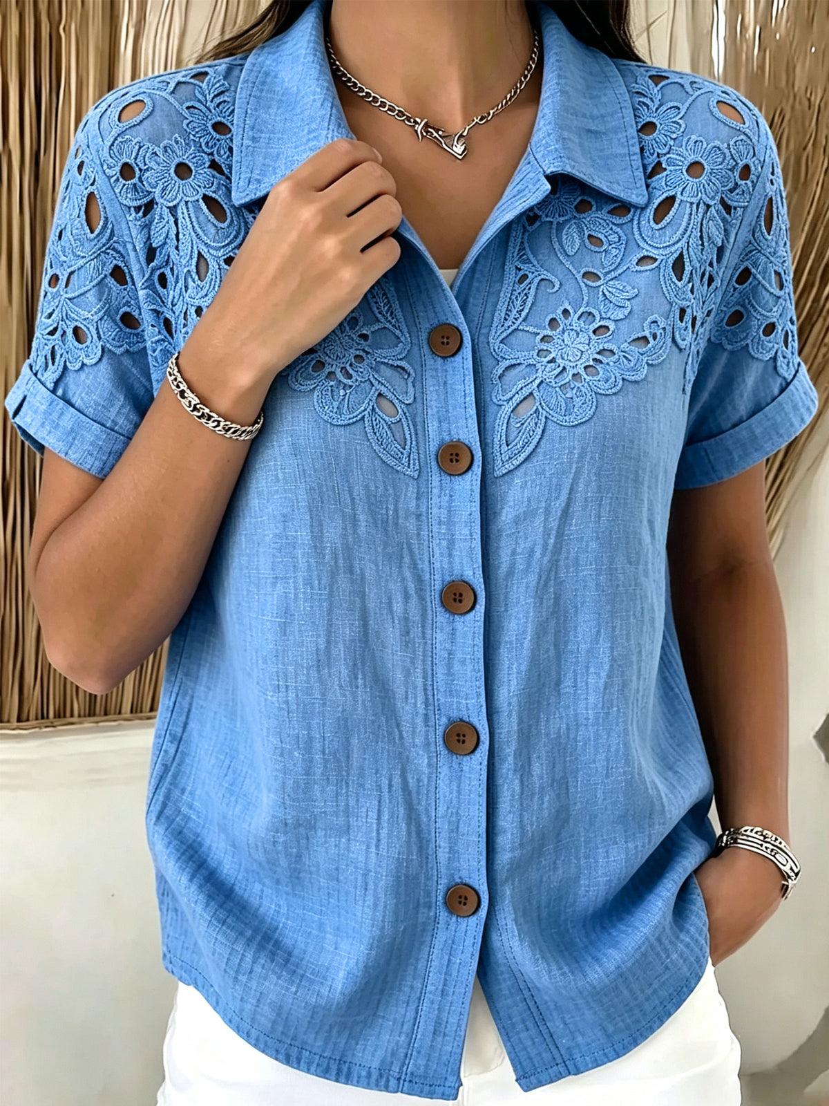 Women’s Floral Eyelet Lace Patchwork Rolled Cuff Linen Blend Button Shirt