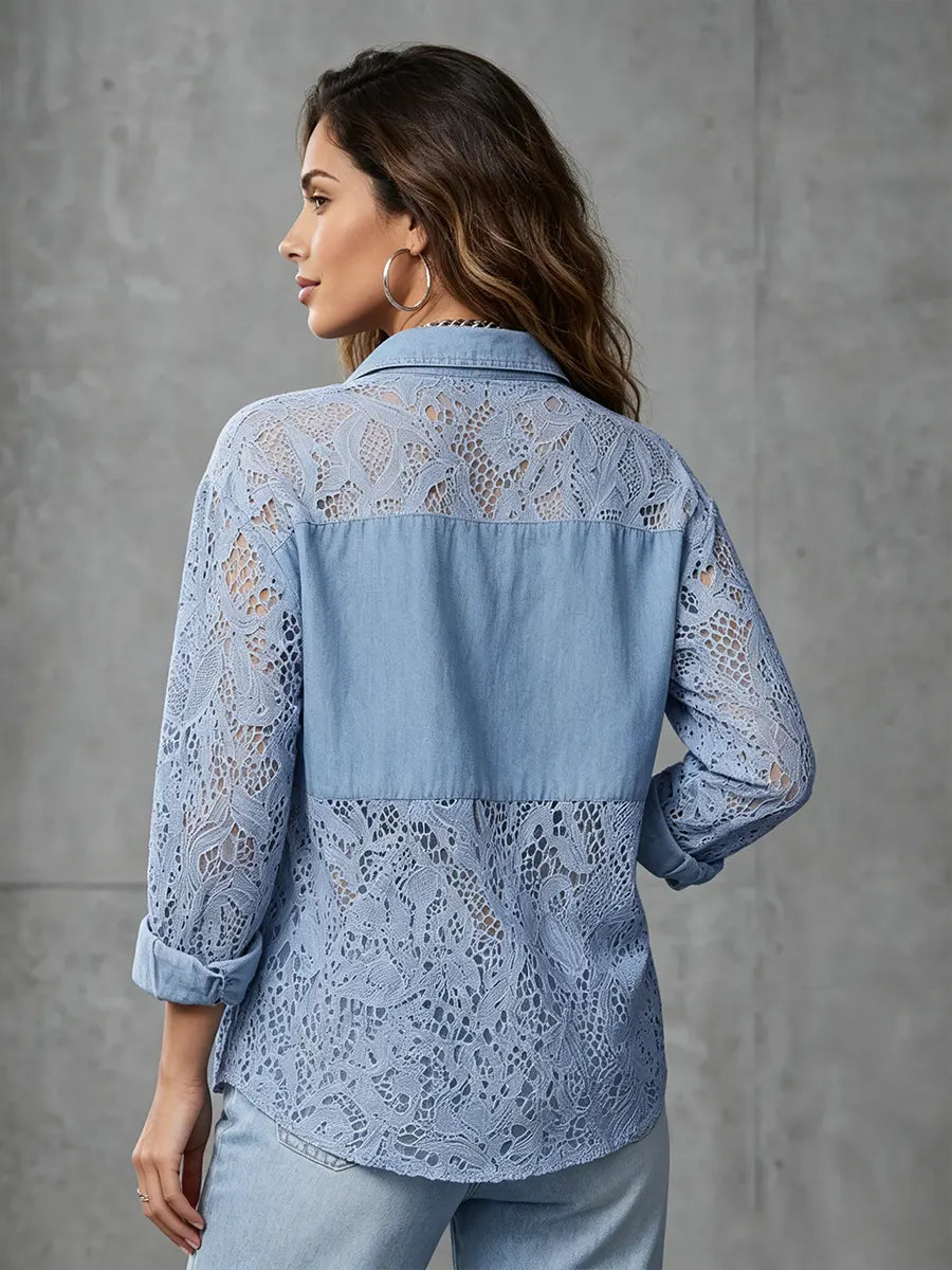Romantic Lace-Spliced Chambray Denim Blouse