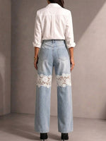 Wash High Waist Straight Wide Leg Denim Pants Dual Knee White Floral Hollow Lace Splice Drape Trousers