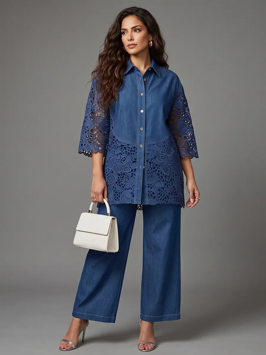 Elegant Lace-Spliced Tencel Denim Set