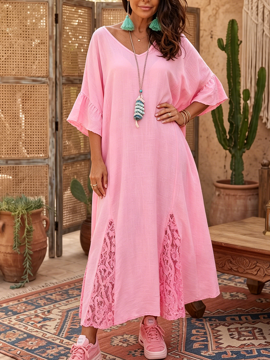 Bohemian V-neck Cotton-linen Dress With Lace Hem