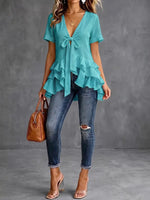 Vibrant Fine-Knit Tie-Front Ruffled Peplum Top