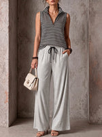 Women's Striped Print Sleeveless Mock-neck Casual Loose Top And High-waisted Wide-leg Pants Set