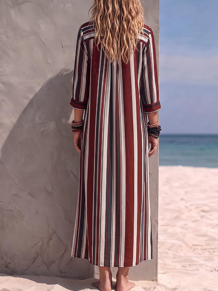 Women's Striped Print Collared Long-sleeve Casual Loose Cotton-linen Shirt Dress