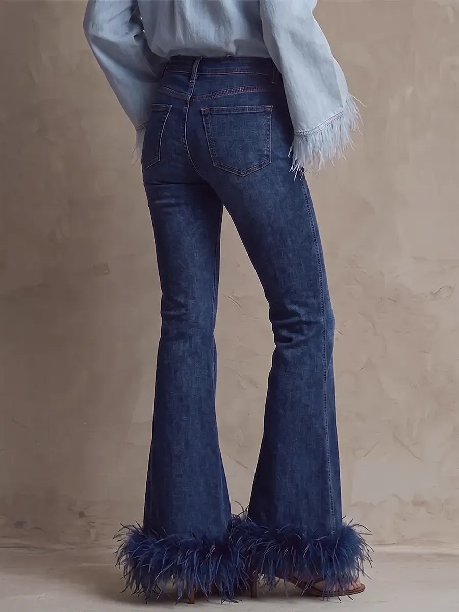 Boho-Chic Feather-Trim Denim Flared Pants
