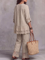 Vintage Elegant Patchwork Floral Embroidery Sheer Panel Shirt Set