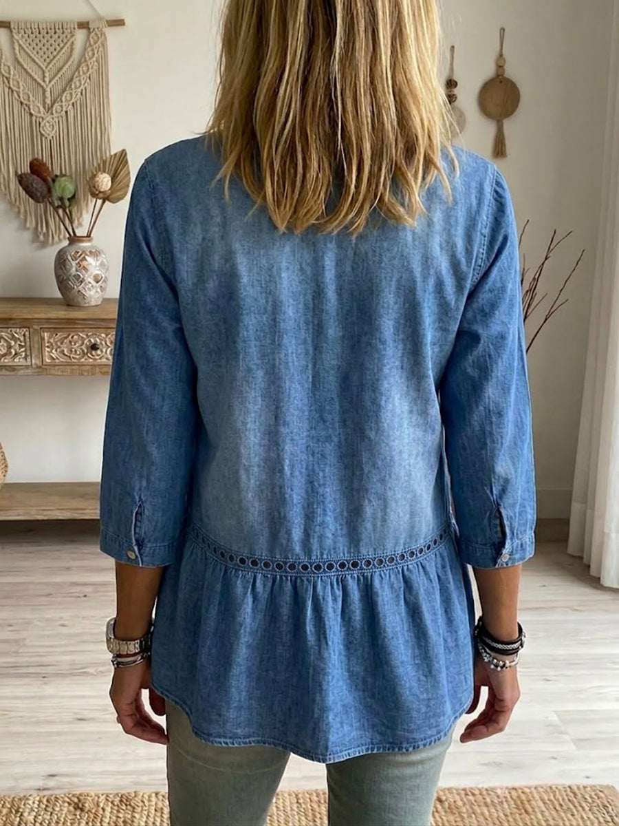 Casual Denim Shirt With Spliced cut-out Lace Detailing
