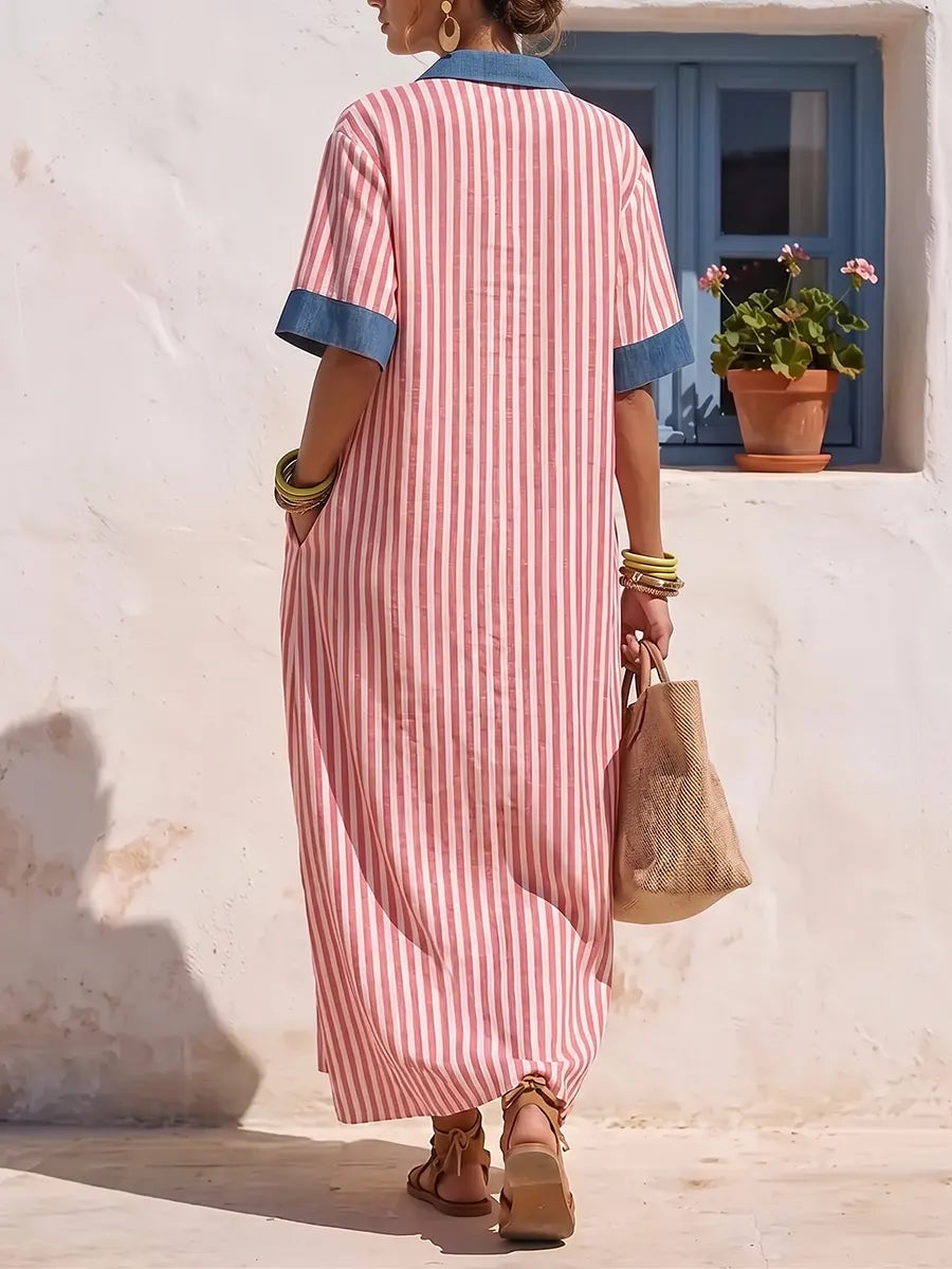 Chic Linen Striped Denim Trim Maxi Dress