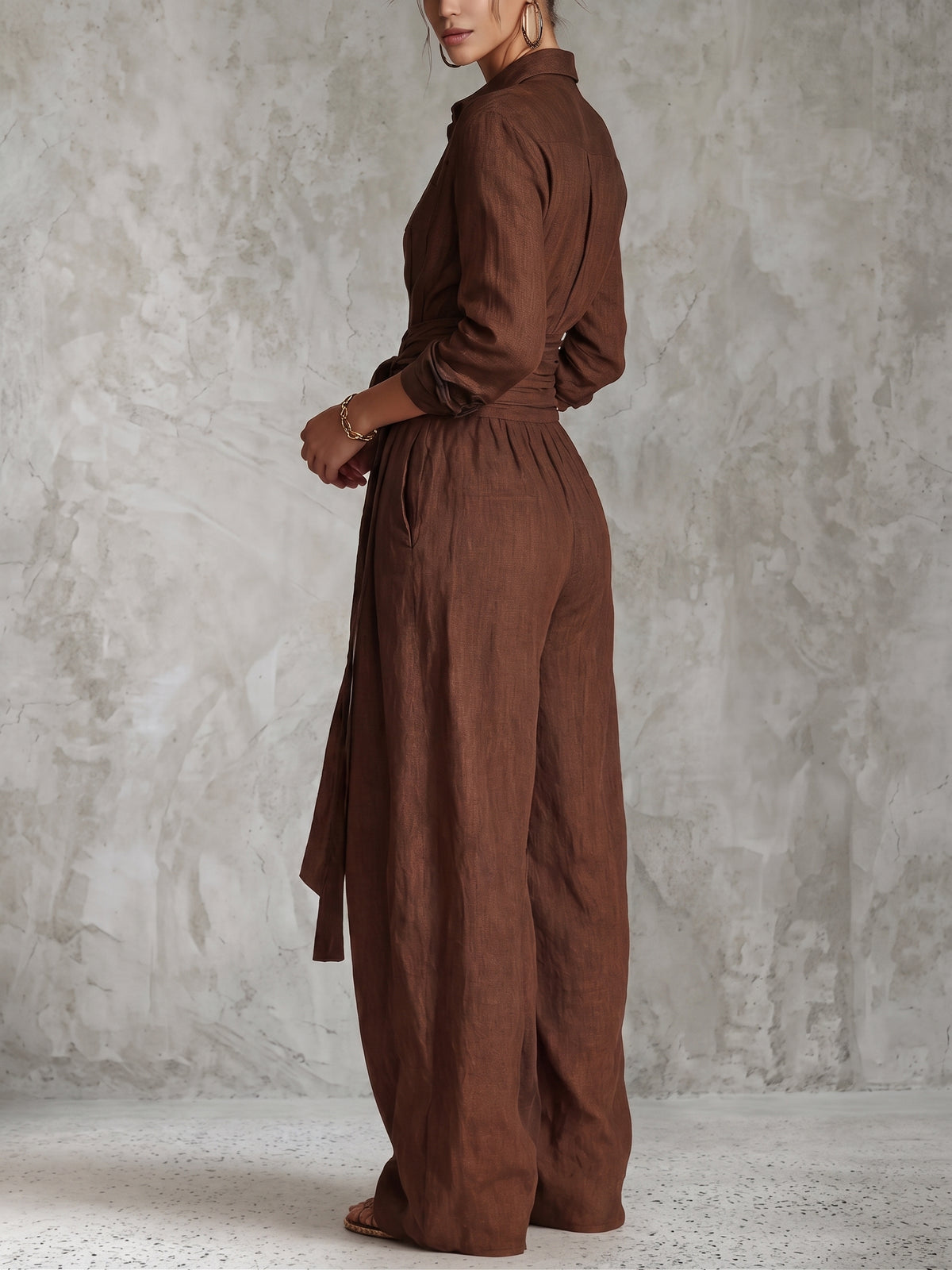 Solid Color Collared Top And Stylish Casual High-waisted Trousers Two-piece Set