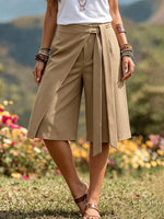 Women's Solid-color High-waisted Casual Loose Wide-leg Knee-length Shorts