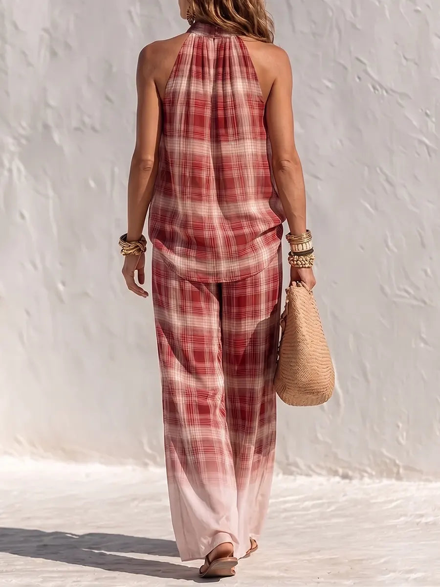 Effortless Plaid Two-Piece Set – Halter Neck Top & Ombre Wide-Leg Pants