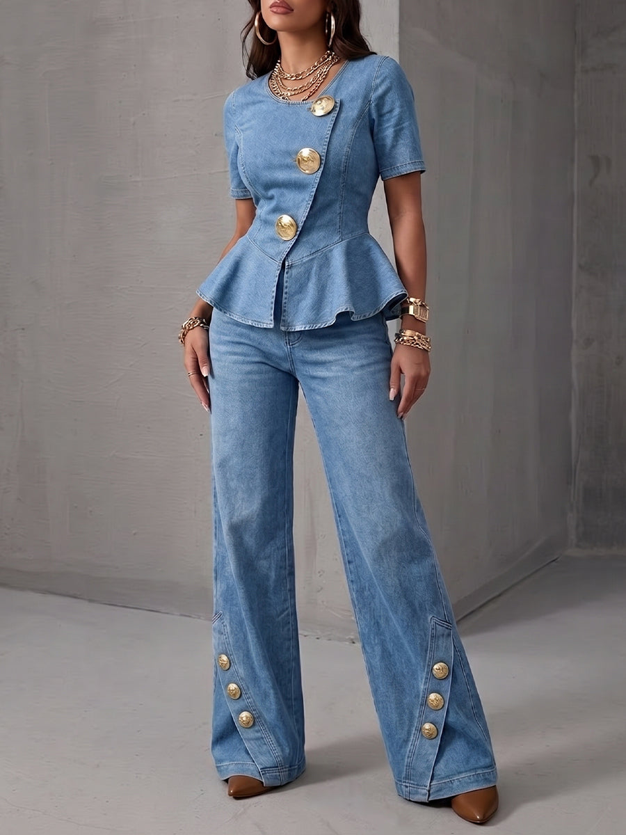 Stylish, Casual, Slim-fit Denim Two-piece Set (top And Jeans)
