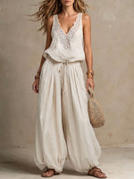 Women's Casual Loose Cotton-linen Set: V-neck Sleeveless Placement-print Top & High-waisted Wide-leg Pants