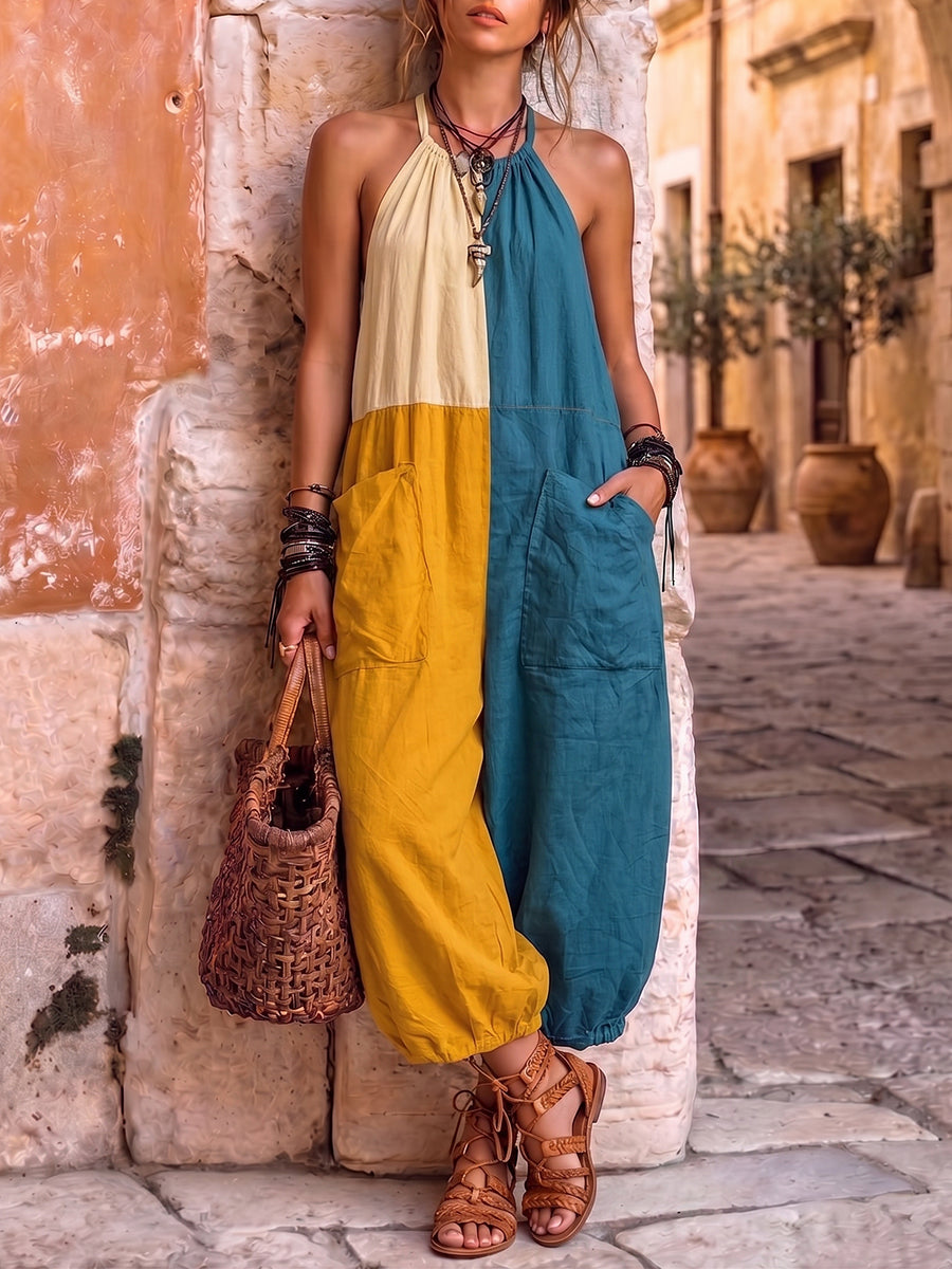 Summer Casual Linen Cotton Color-block Halter Jumpsuit