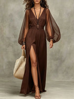 Women's Chiffon Lantern Sleeve High-Slit Maxi Dress