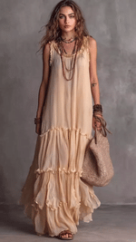 Resort Style Sleeveless Spaghetti Strap Maxi Dress Women's Loose Chiffon Ruffled Beach Dress
