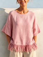 Solid-color Washed Linen Loose-fit Top Featuring A Round Neck, Ruffled Mid-length Sleeves, And A Tassel Hem—designed For A Relaxed, Flattering Fit