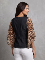 Bold Denim Top – Strappy V-Neck & Flowing Leopard Chiffon Sleeves