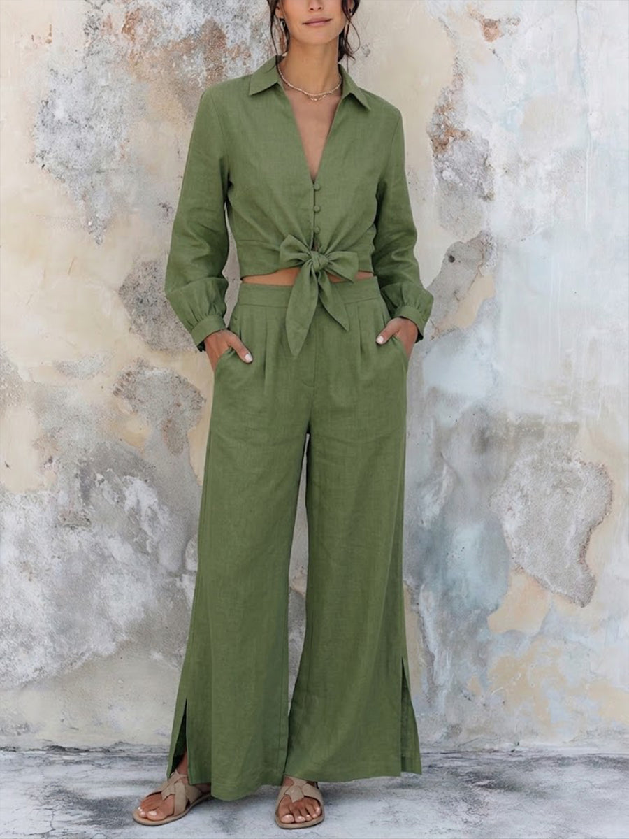 Casual Two-piece Set: Short-style Linen-cotton Shirt And Trousers